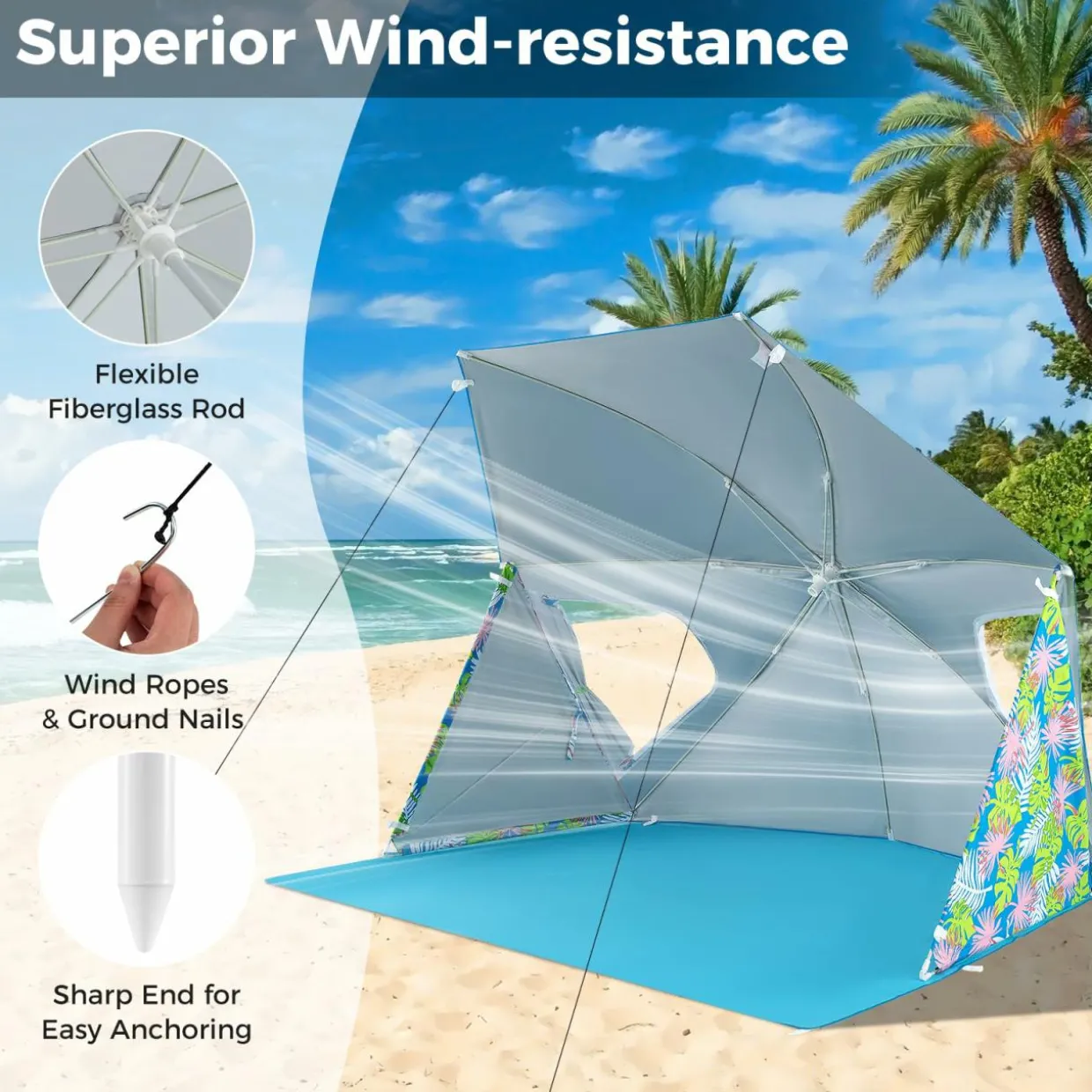 Tangkula Beach Tent for 2-4 People, 2-in-1 Beach Tent Sun Shelter with Extendable Floor