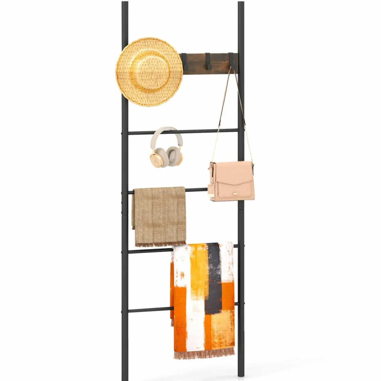 Tangkula Blanket Ladder, 5-Tier Ladder Shelf with 5 Removable Hooks