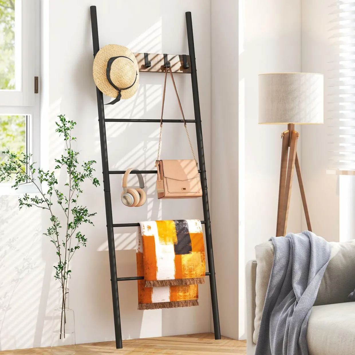 Tangkula Blanket Ladder, 5-Tier Ladder Shelf with 5 Removable Hooks