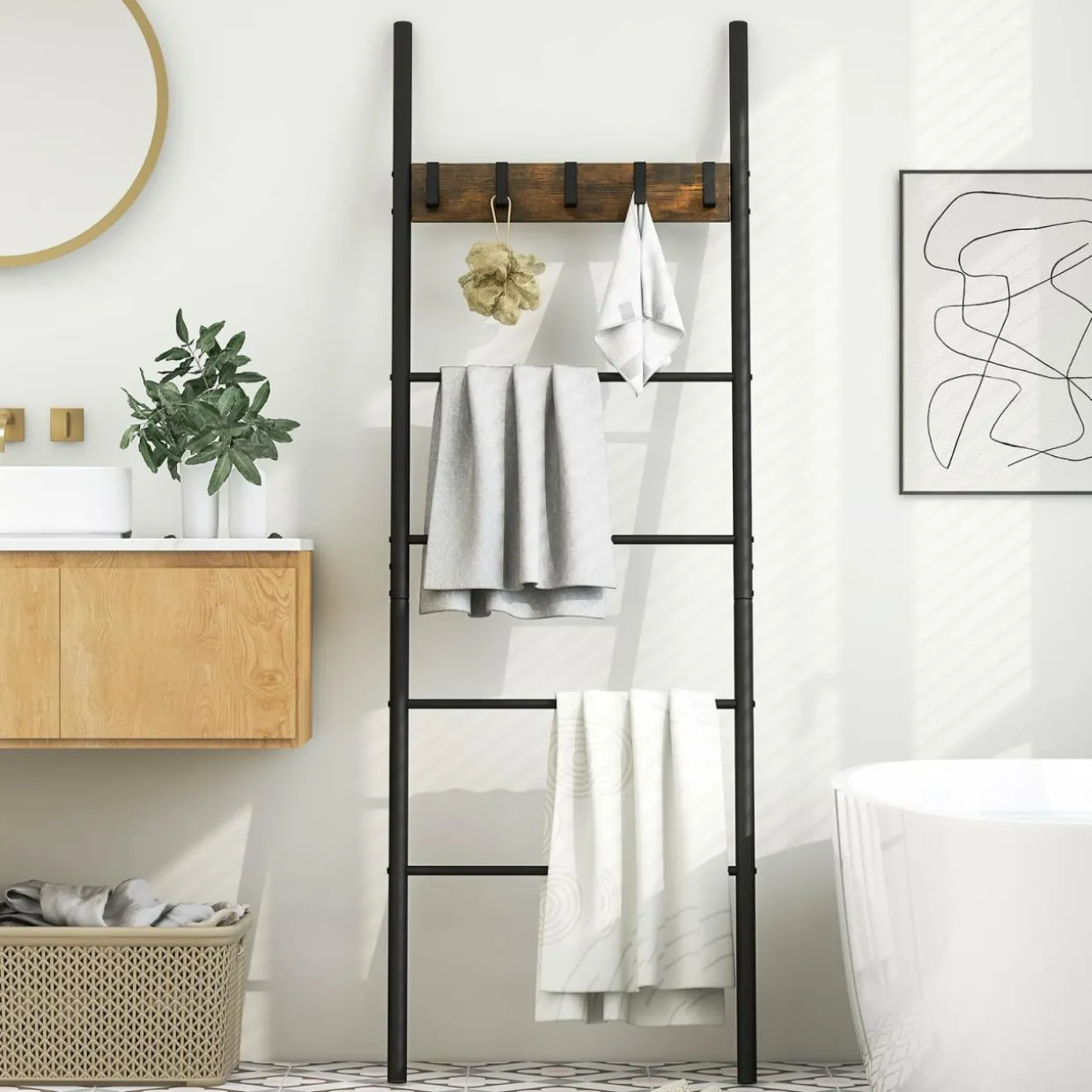 Tangkula Blanket Ladder, 5-Tier Ladder Shelf with 5 Removable Hooks