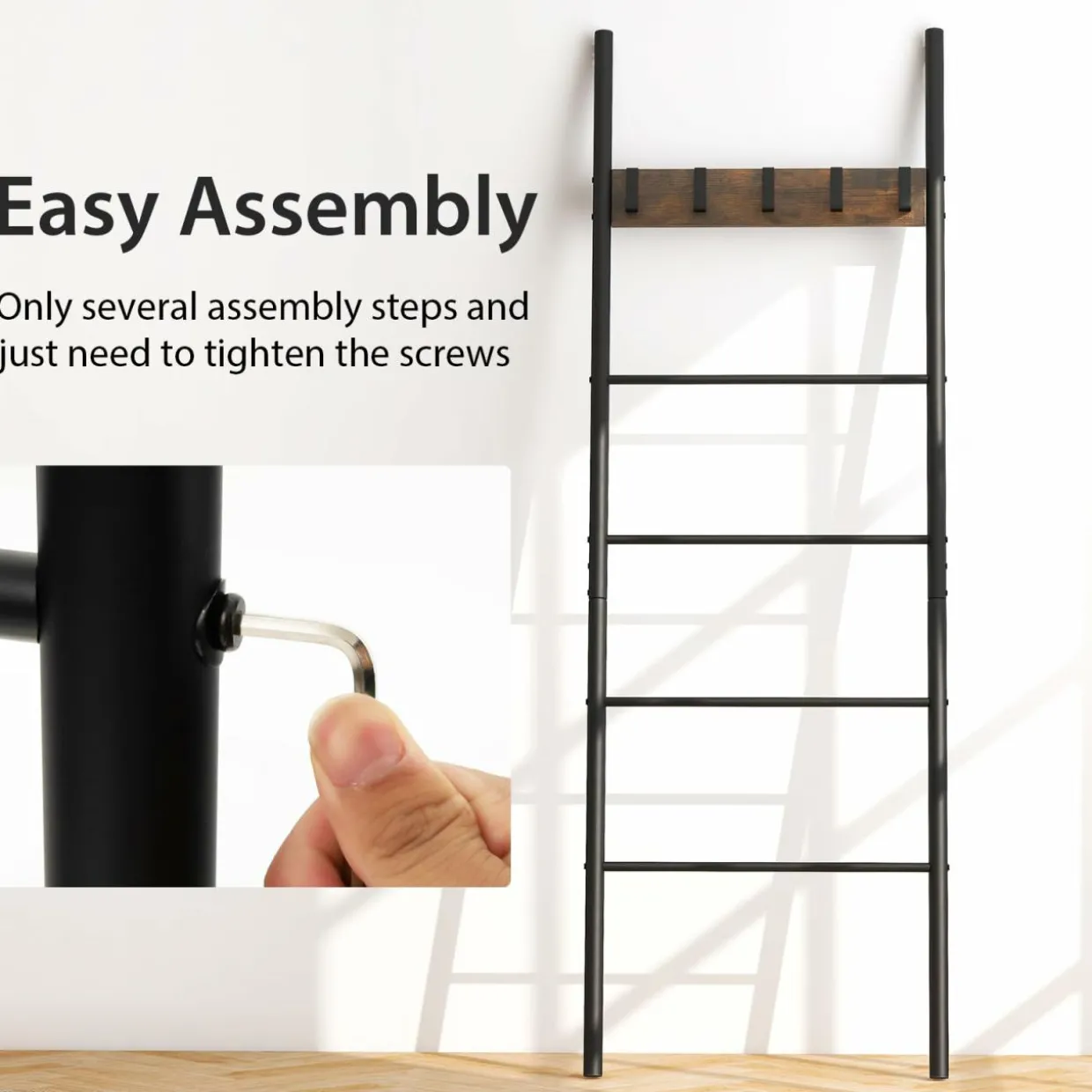 Tangkula Blanket Ladder, 5-Tier Ladder Shelf with 5 Removable Hooks