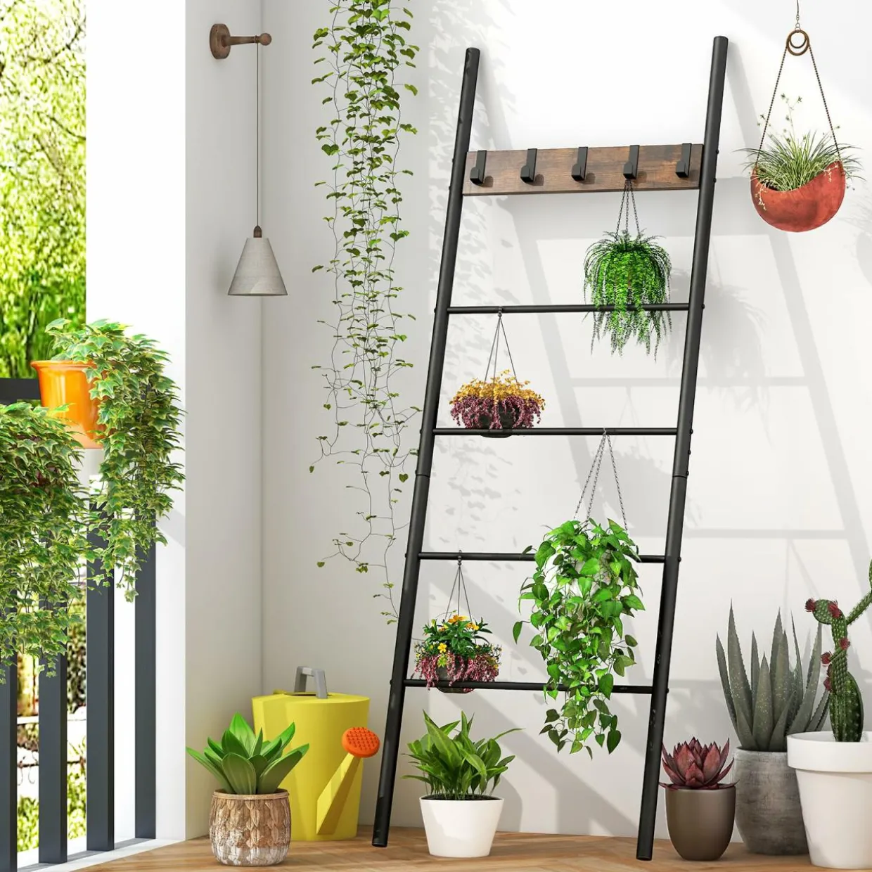 Tangkula Blanket Ladder, 5-Tier Ladder Shelf with 5 Removable Hooks
