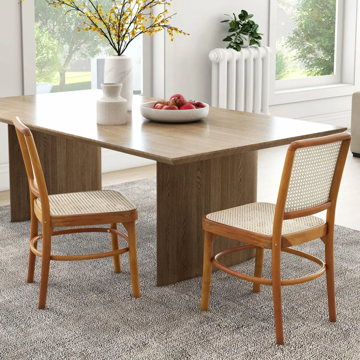 Tangkula Boho Dining Chairs, Natural Rattan Living Room Chairs with Teak Wood Structure & Footrests