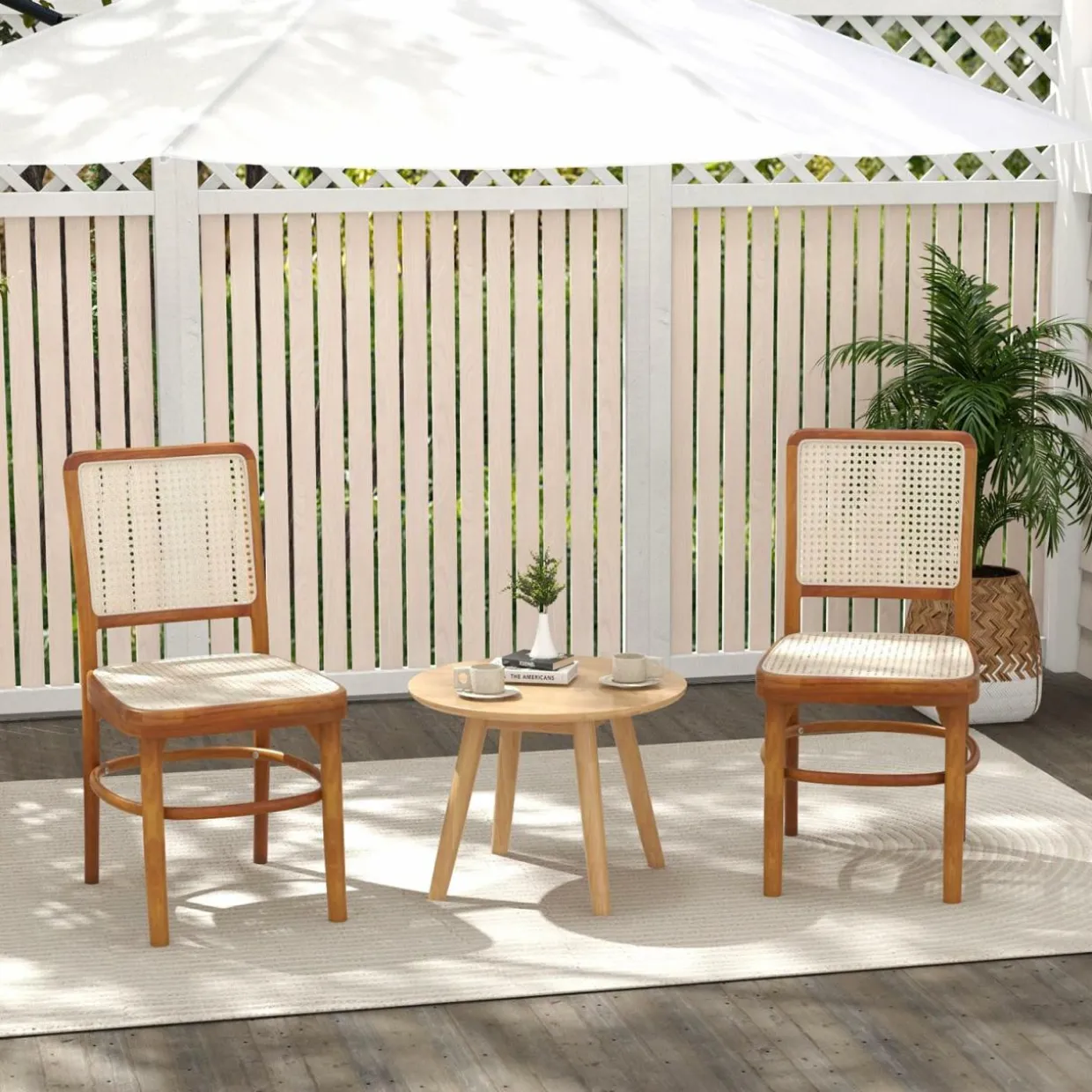 Tangkula Boho Dining Chairs, Natural Rattan Living Room Chairs with Teak Wood Structure & Footrests
