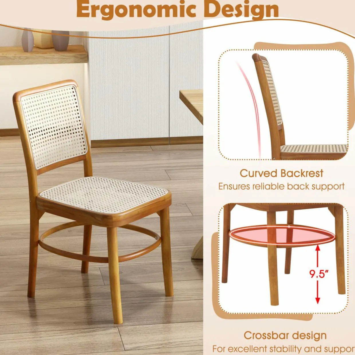 Tangkula Boho Dining Chairs, Natural Rattan Living Room Chairs with Teak Wood Structure & Footrests