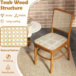 Tangkula Boho Dining Chairs, Natural Rattan Living Room Chairs with Teak Wood Structure & Footrests