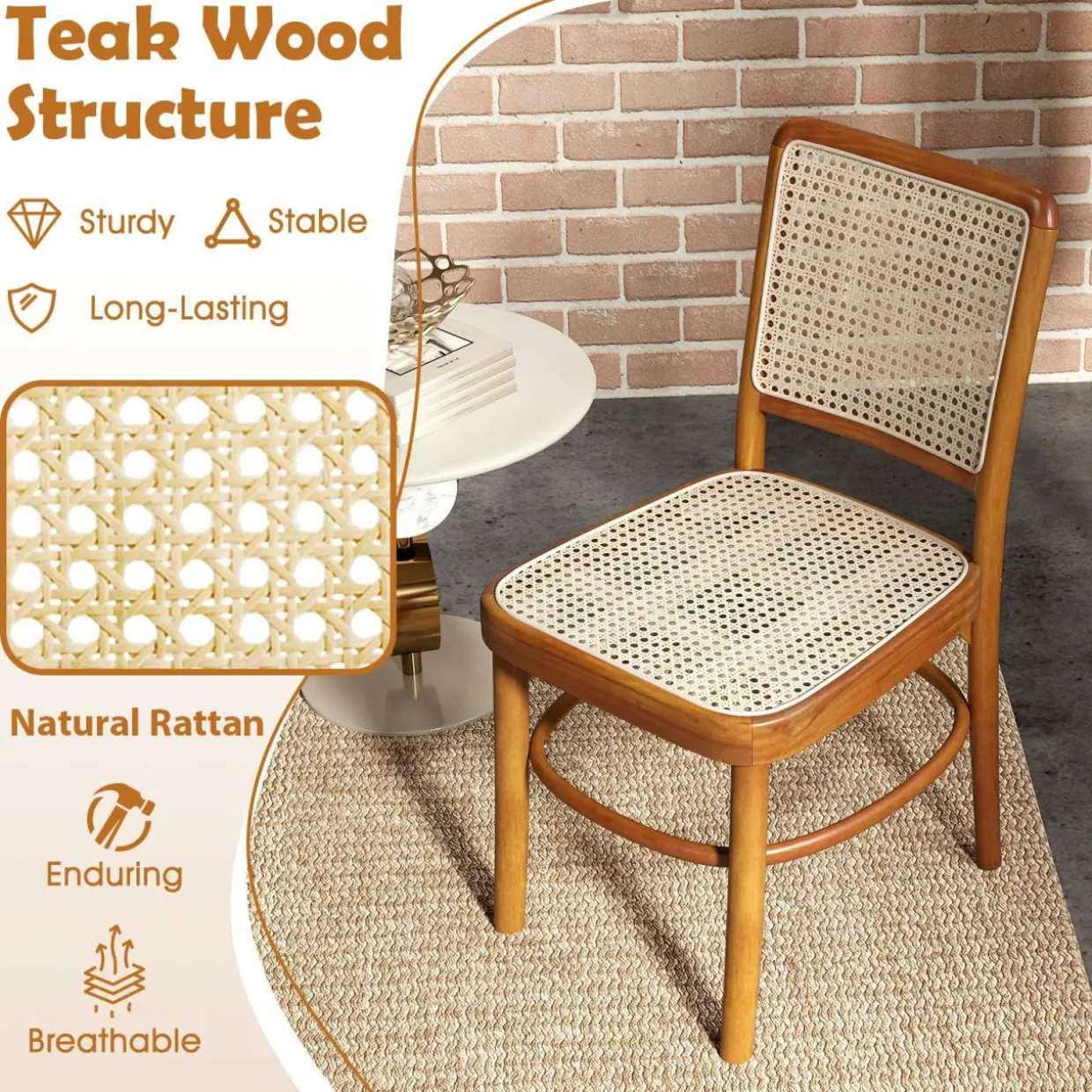 Tangkula Boho Dining Chairs, Natural Rattan Living Room Chairs with Teak Wood Structure & Footrests