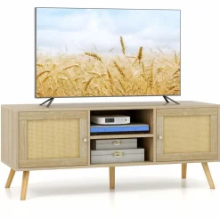 Tangkula Boho TV Stand for TVs up to 55”, PE Rattan Media Console Table with 2 Cabinets & Open Shelves