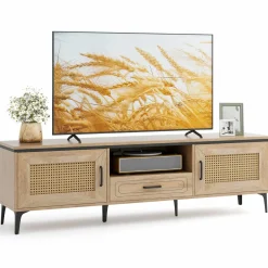 Tangkula Boho TV Stand for 65 Inch TVs, Mid Century Modern Media Entertainment Center with Drawer