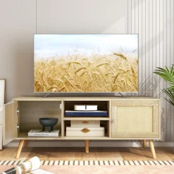 Tangkula Boho TV Stand for TVs up to 55”, PE Rattan Media Console Table with 2 Cabinets & Open Shelves