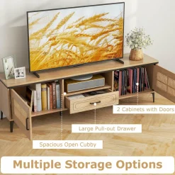 Tangkula Boho TV Stand for 65 Inch TVs, Mid Century Modern Media Entertainment Center with Drawer