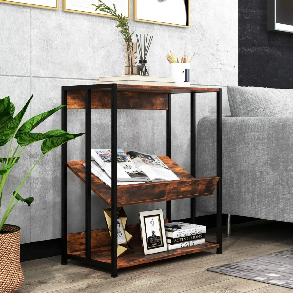 Tangkula Bookshelf, 5 Tier Industrial Book Shelf with Adjustable Shelves and Metal Frame