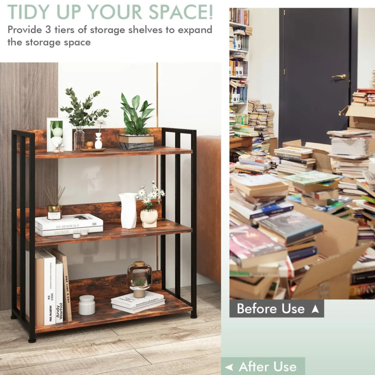 Tangkula Bookshelf, 5 Tier Industrial Book Shelf with Adjustable Shelves and Metal Frame