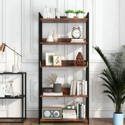 Tangkula Bookshelf, 5 Tier Industrial Book Shelf with Adjustable Shelves and Metal Frame