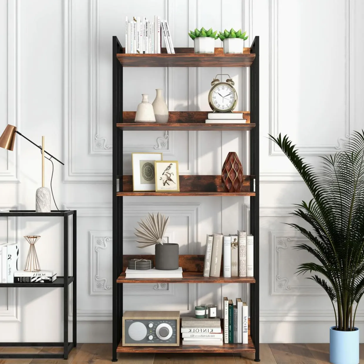 Tangkula Bookshelf, 5 Tier Industrial Book Shelf with Adjustable Shelves and Metal Frame