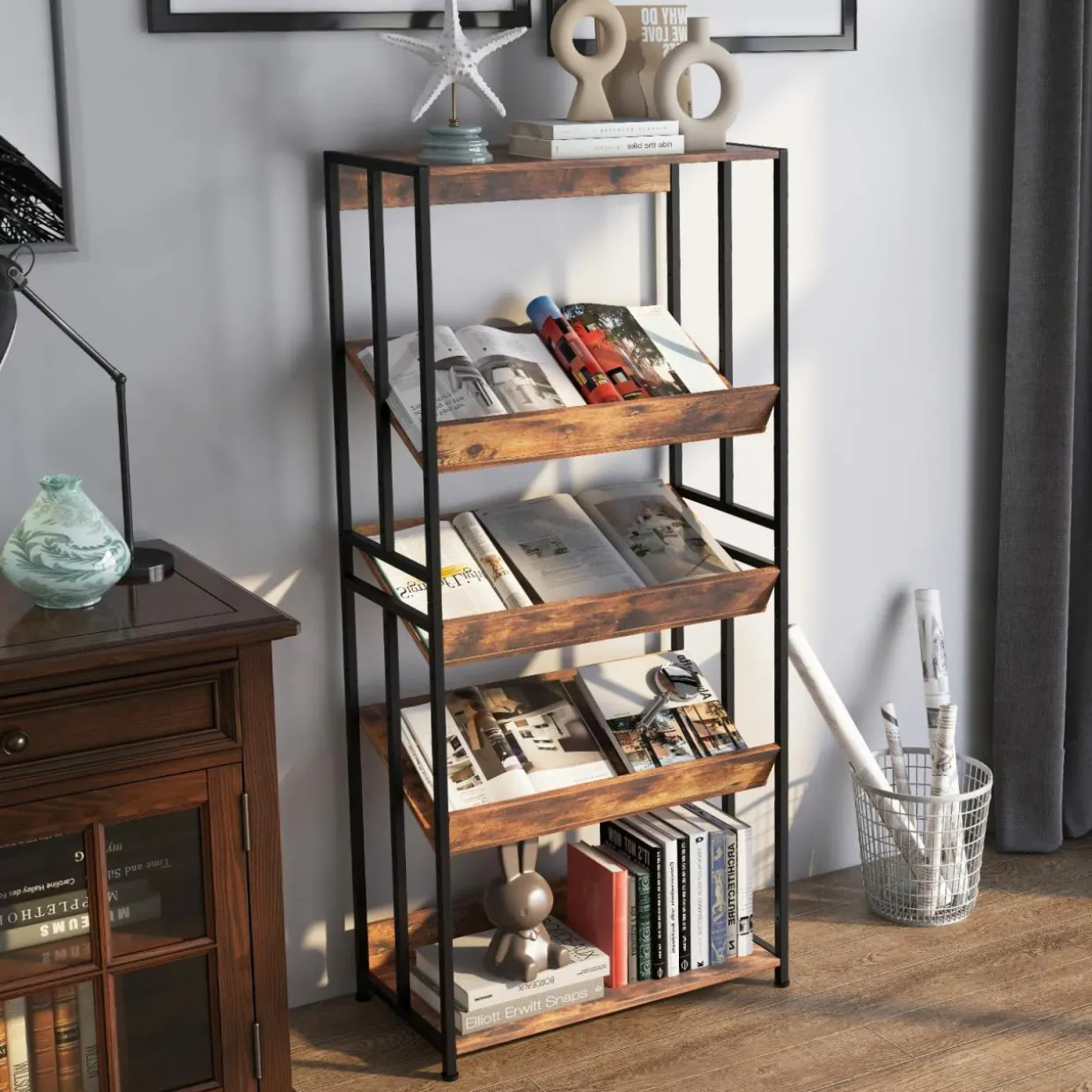 Tangkula Bookshelf, 5 Tier Industrial Book Shelf with Adjustable Shelves and Metal Frame