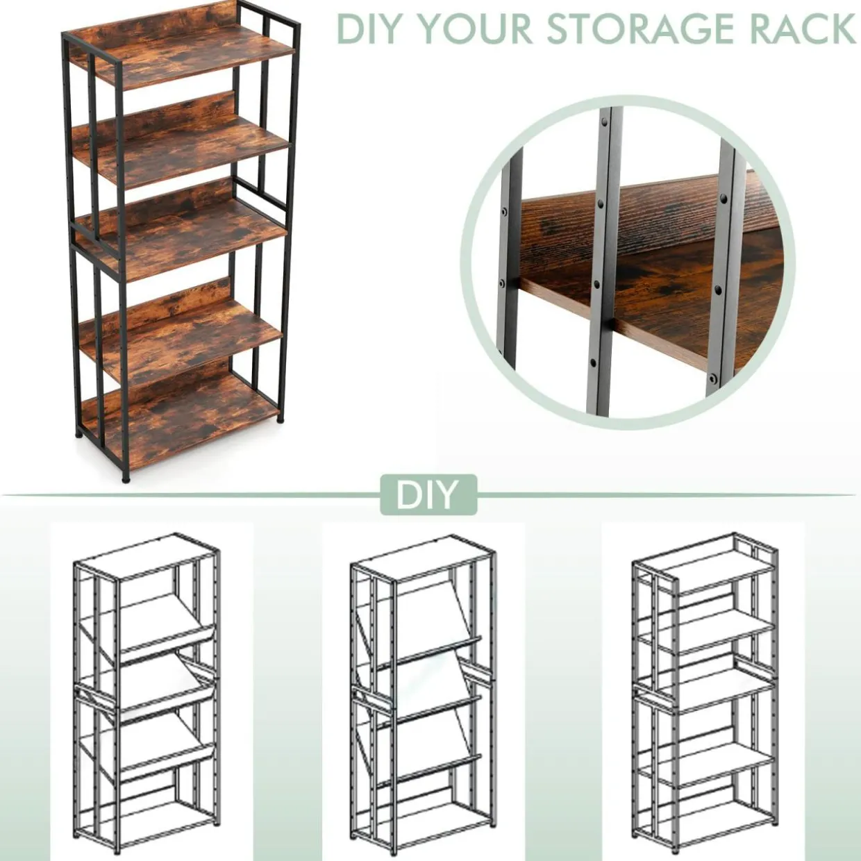 Tangkula Bookshelf, 5 Tier Industrial Book Shelf with Adjustable Shelves and Metal Frame