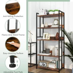 Tangkula Bookshelf, 5 Tier Industrial Book Shelf with Adjustable Shelves and Metal Frame