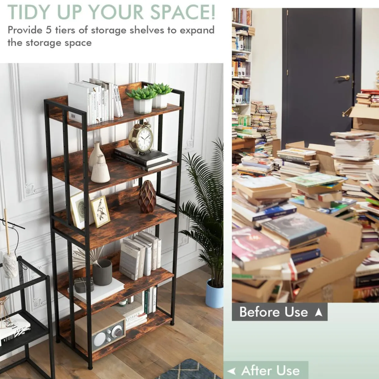 Tangkula Bookshelf, 5 Tier Industrial Book Shelf with Adjustable Shelves and Metal Frame