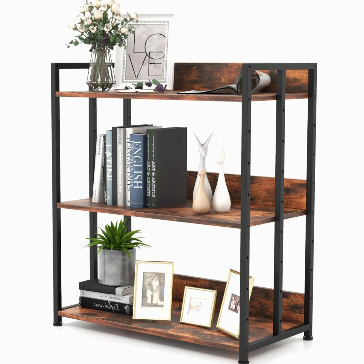Tangkula Bookshelf, 5 Tier Industrial Book Shelf with Adjustable Shelves and Metal Frame