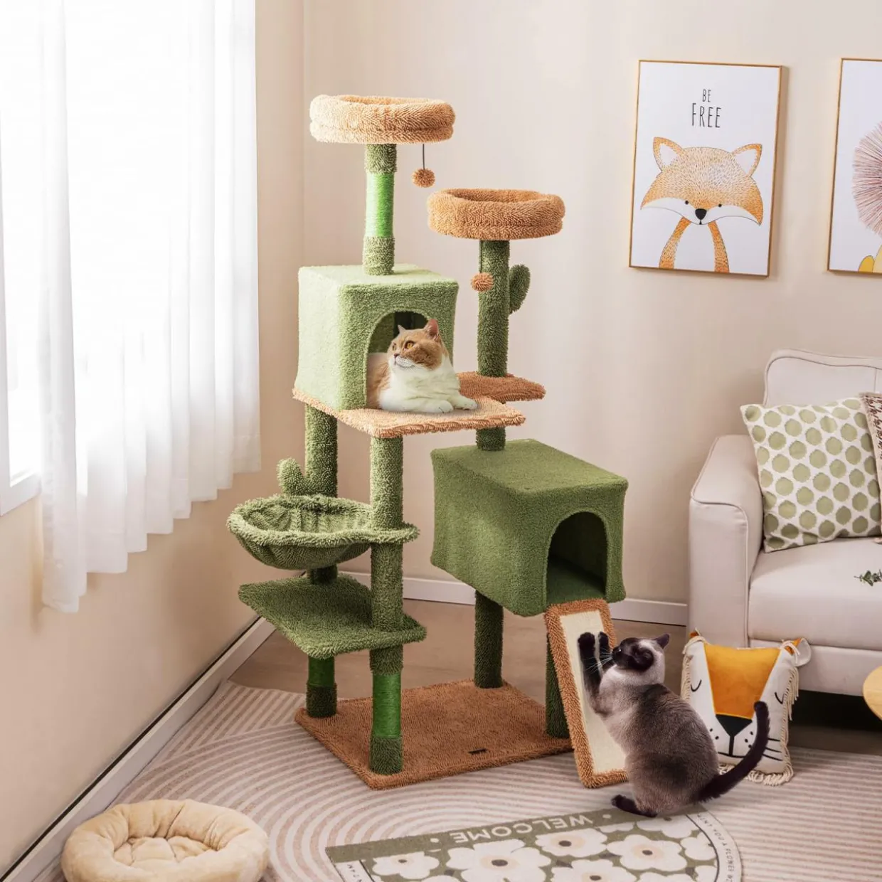 Tangkula Cactus Cat Tree, 63 Inch Tall Cat Tower with Sisal Scratching Posts