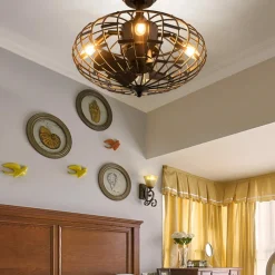 Tangkula Caged Ceiling Fan with Light, Enclosed Ceiling Fan with 5 Blades, 3 Wind Speed, Remote Control, 4 x E12 Base (No Bulb)