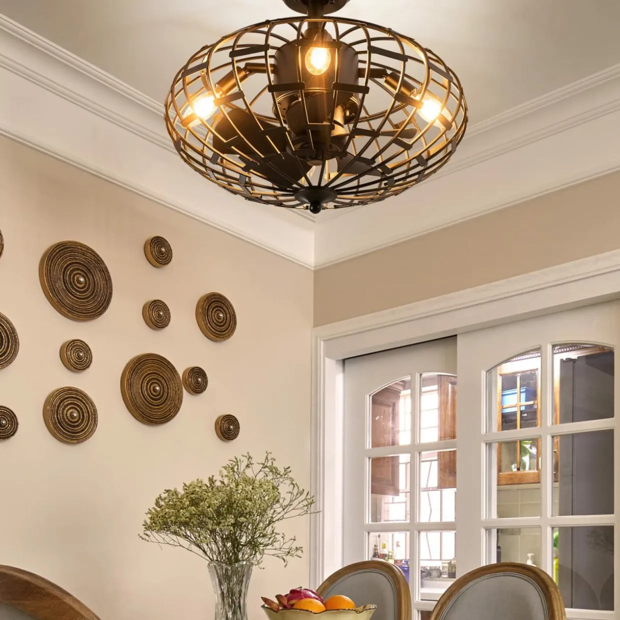 Tangkula Caged Ceiling Fan with Light, Enclosed Ceiling Fan with 5 Blades, 3 Wind Speed, Remote Control, 4 x E12 Base (No Bulb)