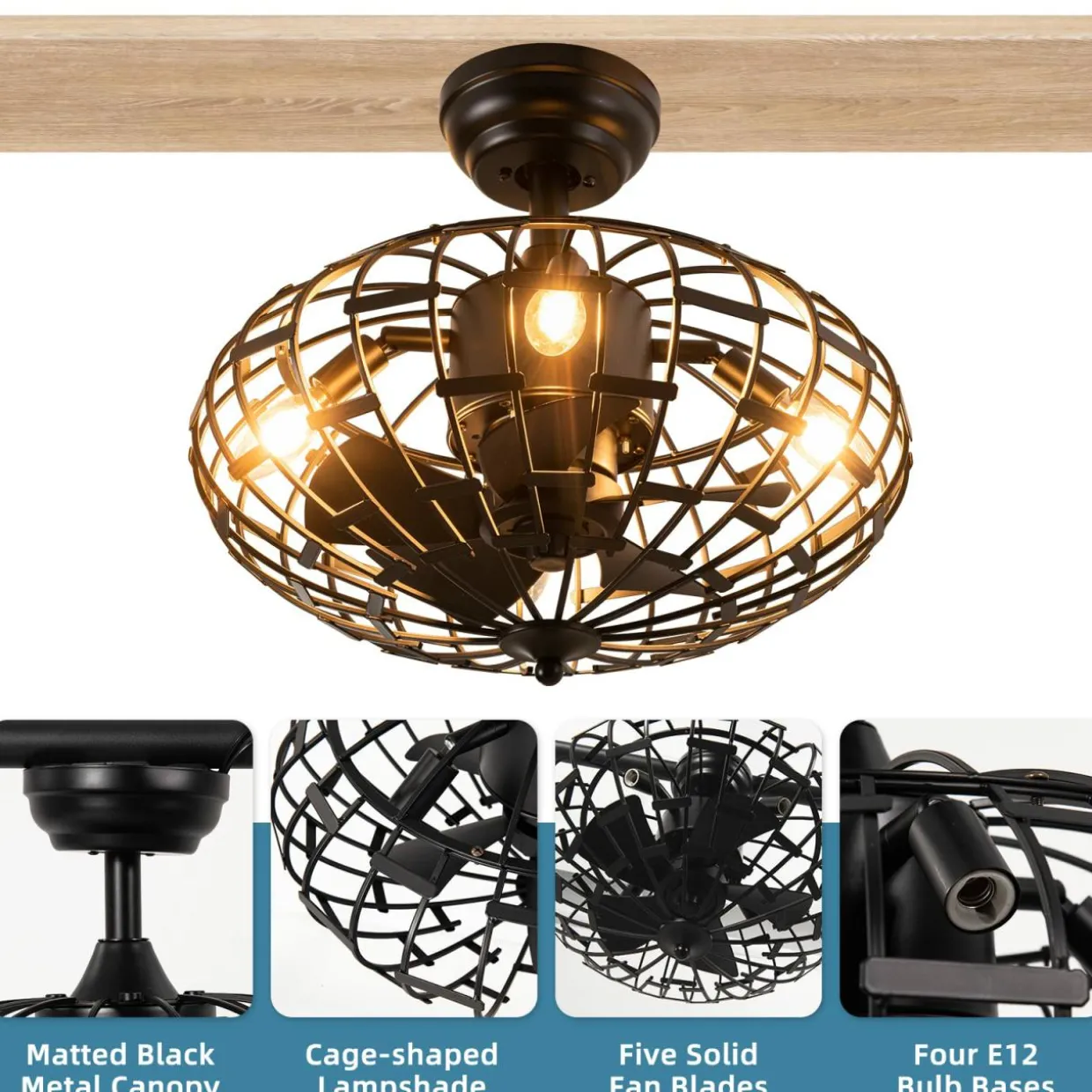 Tangkula Caged Ceiling Fan with Light, Enclosed Ceiling Fan with 5 Blades, 3 Wind Speed, Remote Control, 4 x E12 Base (No Bulb)