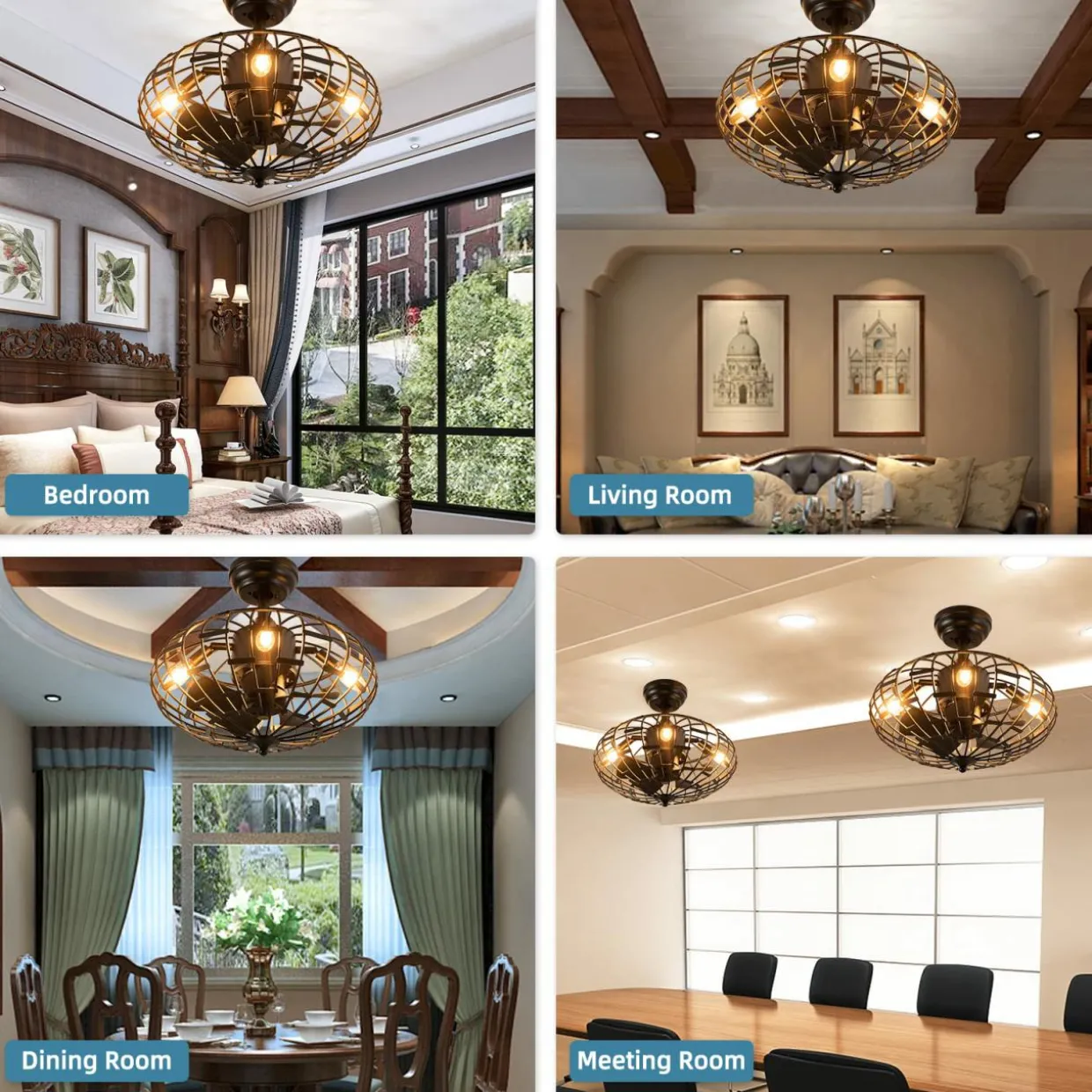 Tangkula Caged Ceiling Fan with Light, Enclosed Ceiling Fan with 5 Blades, 3 Wind Speed, Remote Control, 4 x E12 Base (No Bulb)