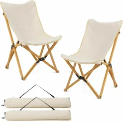 Tangkula Camping Chairs 2 Pack, Portable Folding Lawn Chair with Solid Bamboo Frame, Ultralight Canvas Seat