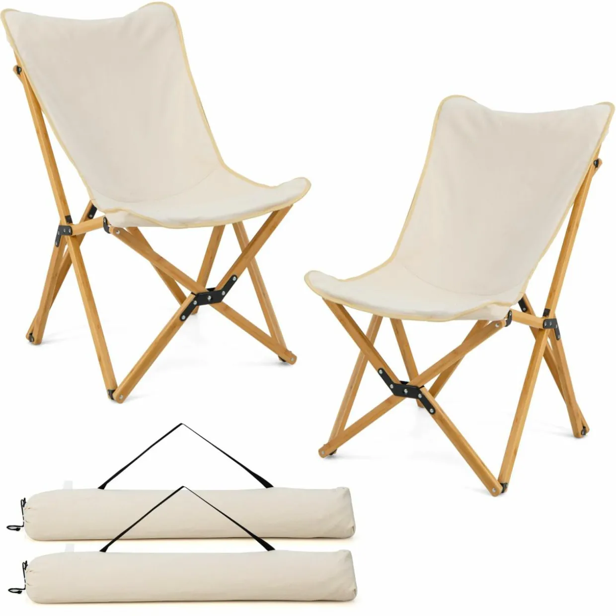 Tangkula Camping Chairs 2 Pack, Portable Folding Lawn Chair with Solid Bamboo Frame, Ultralight Canvas Seat