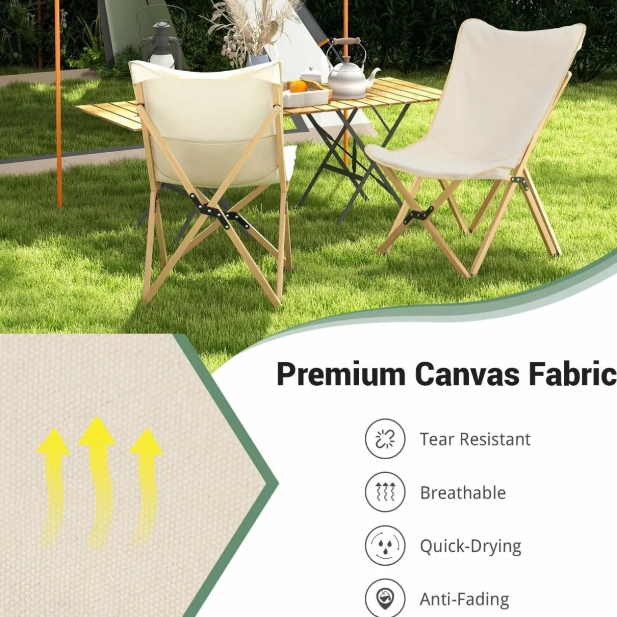 Tangkula Camping Chairs 2 Pack, Portable Folding Lawn Chair with Solid Bamboo Frame, Ultralight Canvas Seat