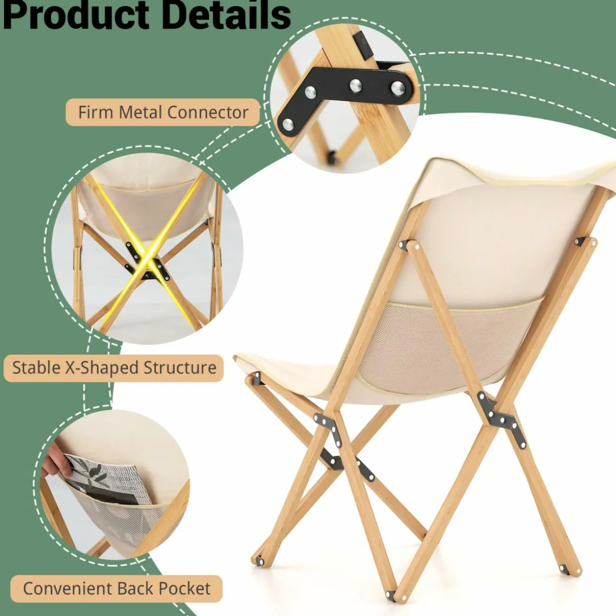 Tangkula Camping Chairs 2 Pack, Portable Folding Lawn Chair with Solid Bamboo Frame, Ultralight Canvas Seat