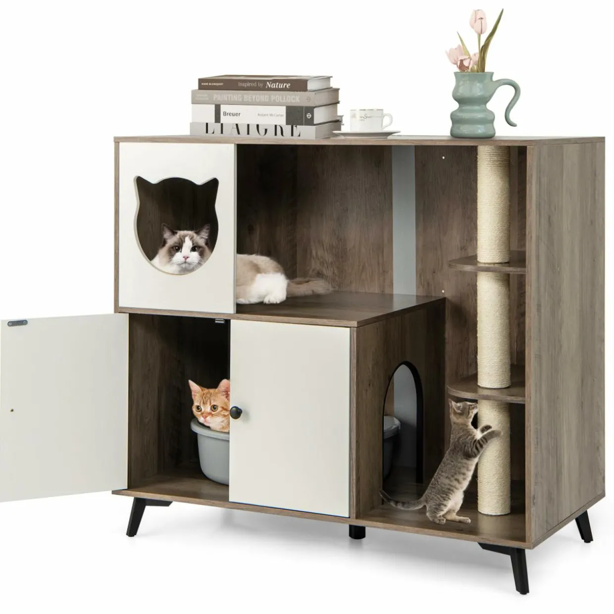 Tangkula Cat Litter Box Enclosure, 5-in-1 Enlarged Hidden Litter Box Furniture with Cat Condo