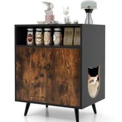 Tangkula Cat Litter Box Enclosure, 2-in-1 Cat Washroom Cabinet with Open Compartment