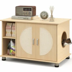 Tangkula Cat Litter Box Enclosure, Hidden Cat Washroom with Storage Shelf, Sisal Scratching Doors