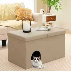 Tangkula Cat Litter Box Enclosure, Hidden Litter Box Furniture Ottoman with Urine Proof Litter Mat