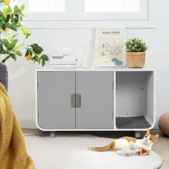 Tangkula Cat Litter Box Enclosure Furniture, Hidden Cat Washroom with Rubber Wood Legs & Mats