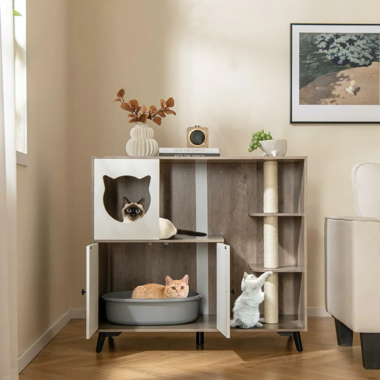 Tangkula Cat Litter Box Enclosure, 5-in-1 Enlarged Hidden Litter Box Furniture with Cat Condo