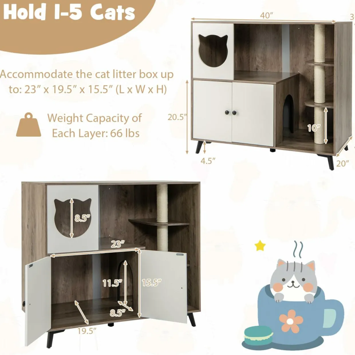 Tangkula Cat Litter Box Enclosure, 5-in-1 Enlarged Hidden Litter Box Furniture with Cat Condo