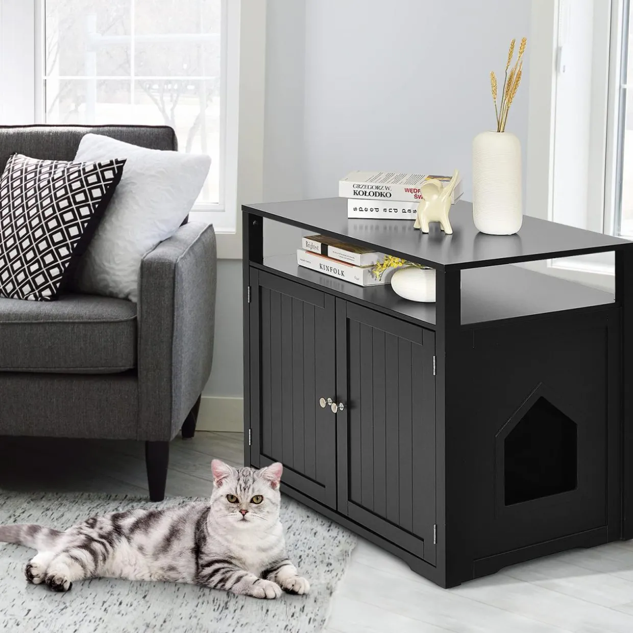 Tangkula Cat Litter Box Enclosure, Hidden Cat Washroom with Adjustable Interior Divider