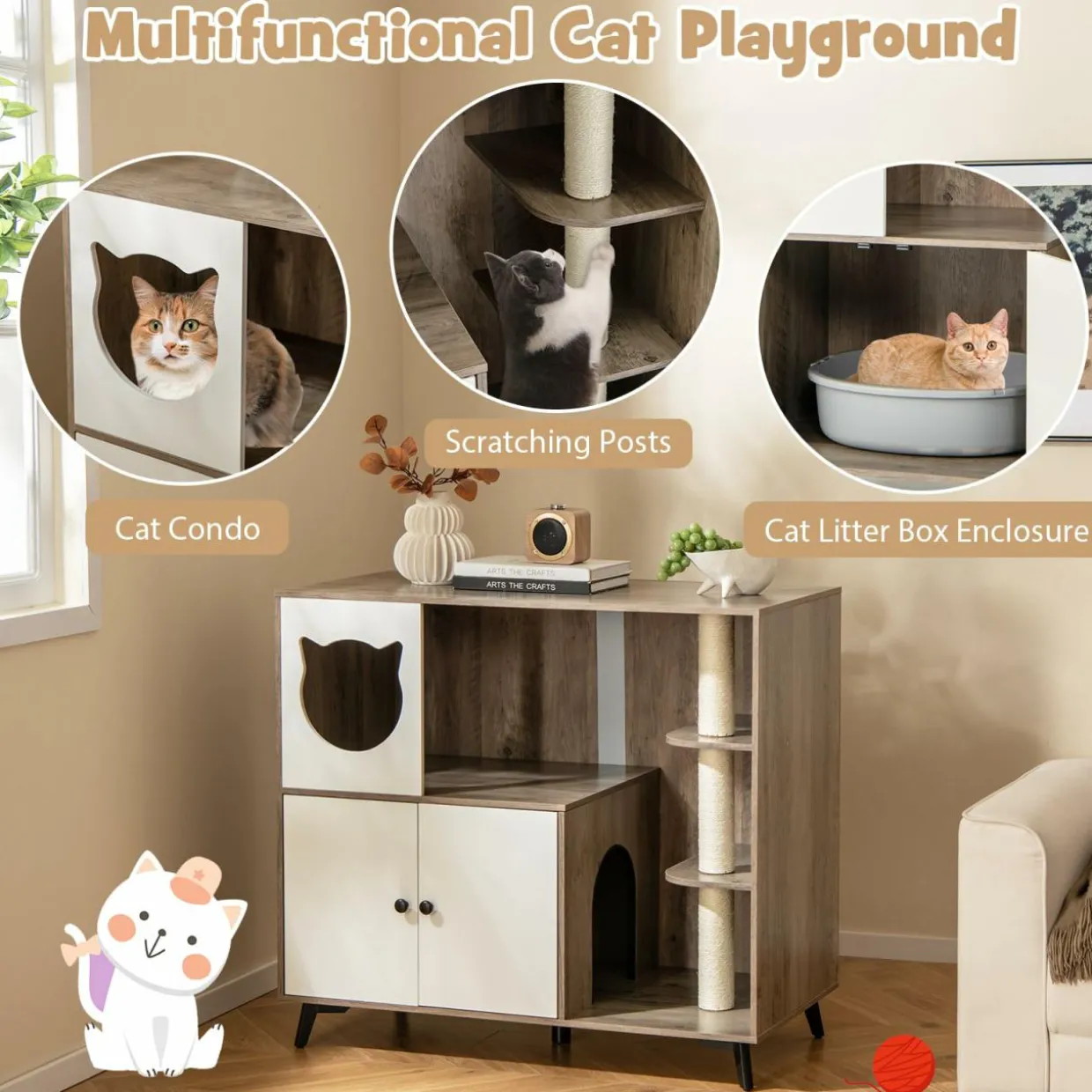 Tangkula Cat Litter Box Enclosure, 5-in-1 Enlarged Hidden Litter Box Furniture with Cat Condo