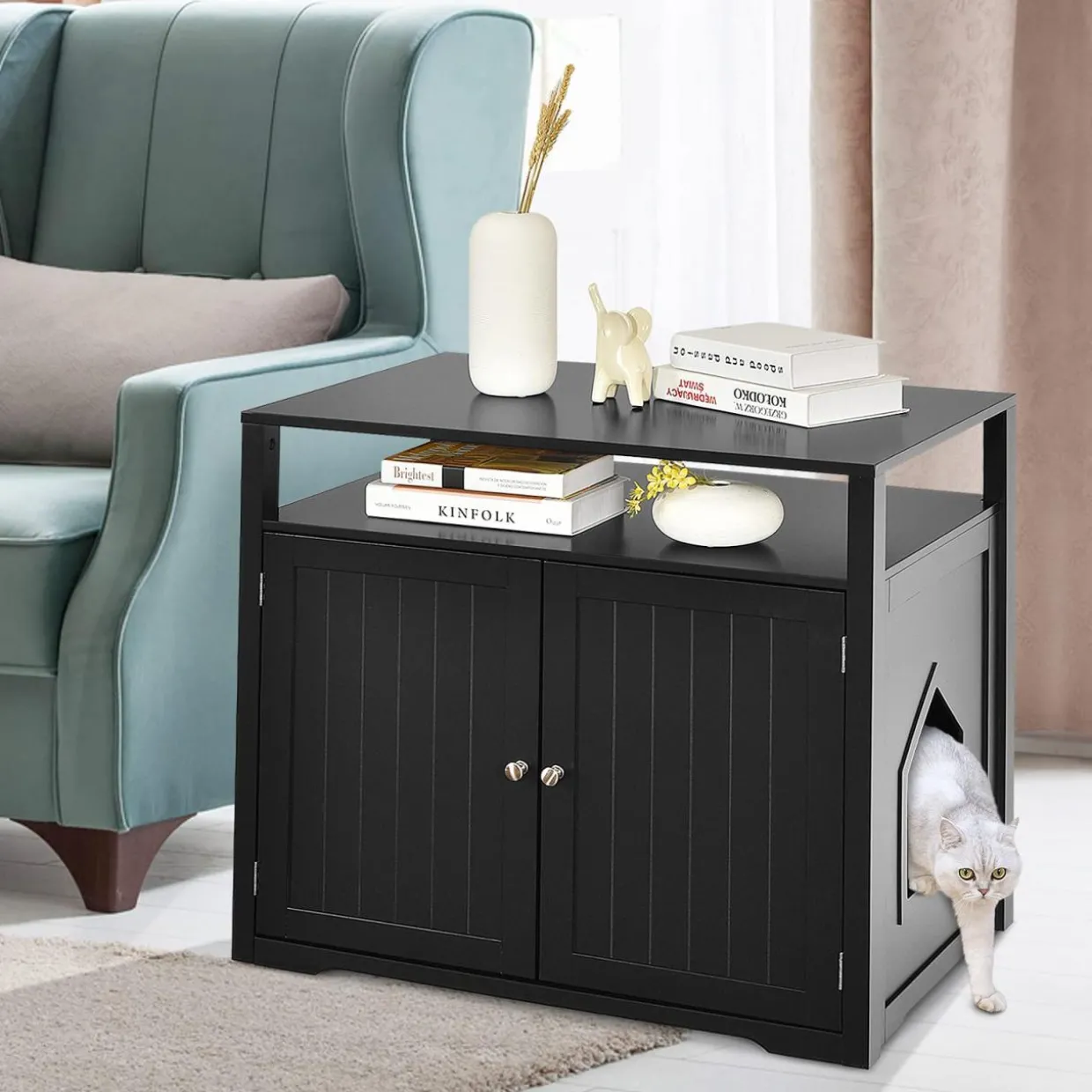 Tangkula Cat Litter Box Enclosure, Hidden Cat Washroom with Adjustable Interior Divider