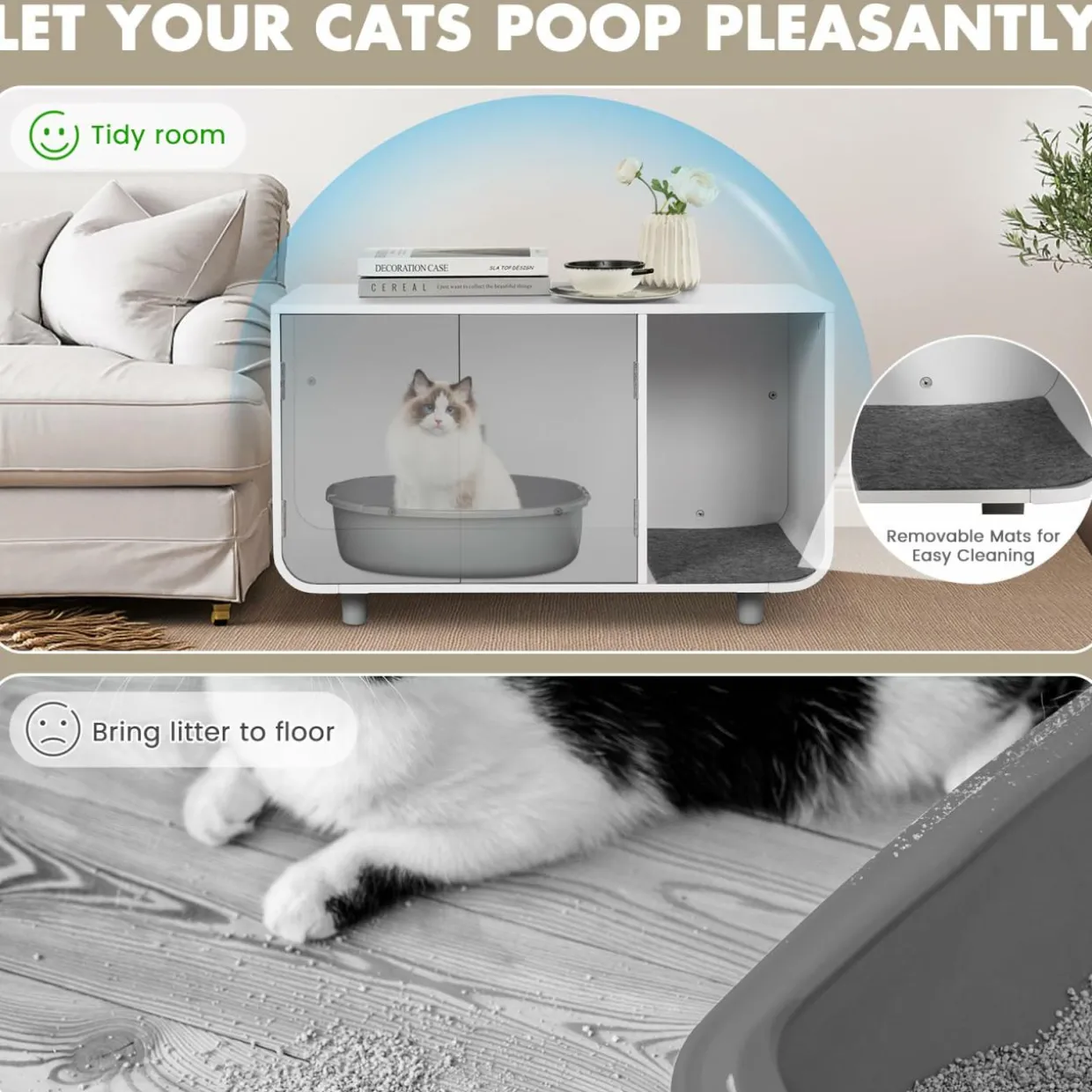 Tangkula Cat Litter Box Enclosure Furniture, Hidden Cat Washroom with Rubber Wood Legs & Mats