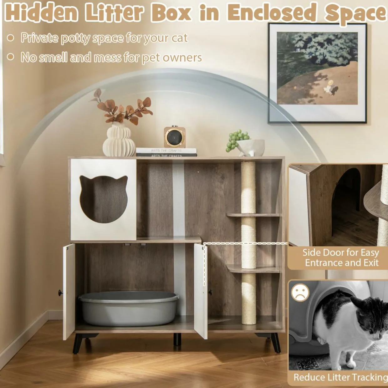 Tangkula Cat Litter Box Enclosure, 5-in-1 Enlarged Hidden Litter Box Furniture with Cat Condo
