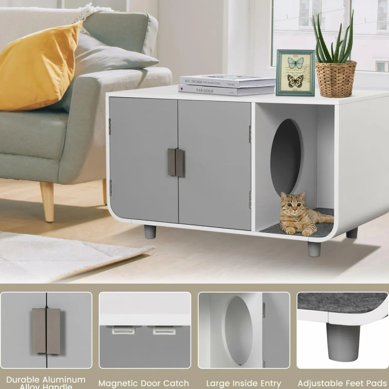 Tangkula Cat Litter Box Enclosure Furniture, Hidden Cat Washroom with Rubber Wood Legs & Mats