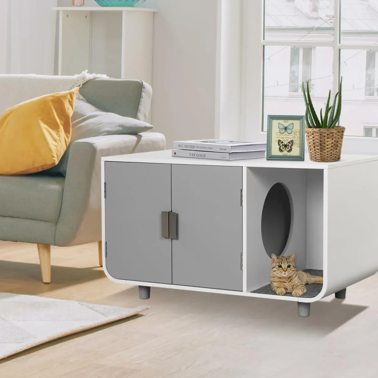 Tangkula Cat Litter Box Enclosure Furniture, Hidden Cat Washroom with Rubber Wood Legs & Mats
