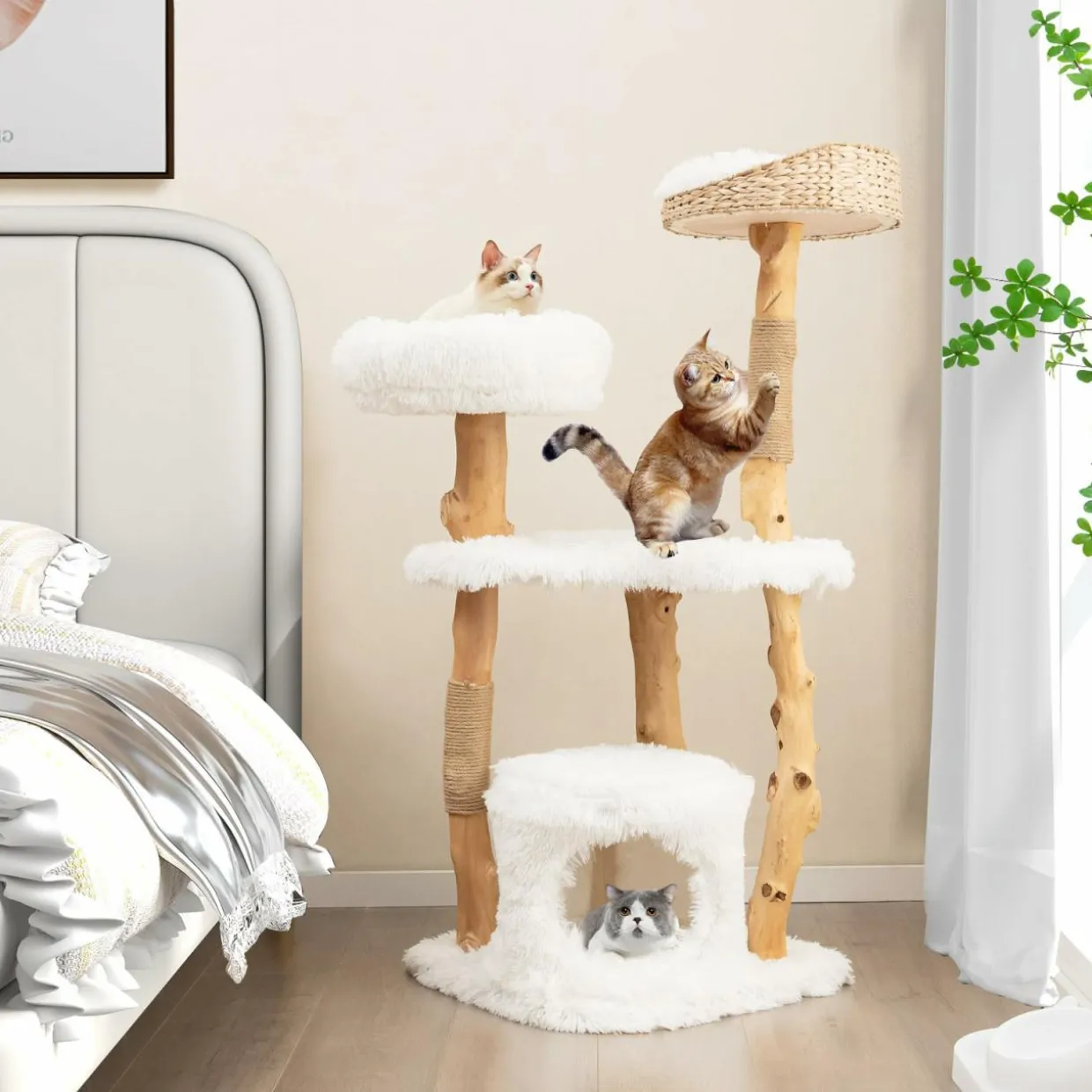 Tangkula Cat Tree for Indoor Cats, Cute Cat Tree with Scratching Posts for Large Cats, Modern Cat Tower with Top Cattail Basket Cat Bed