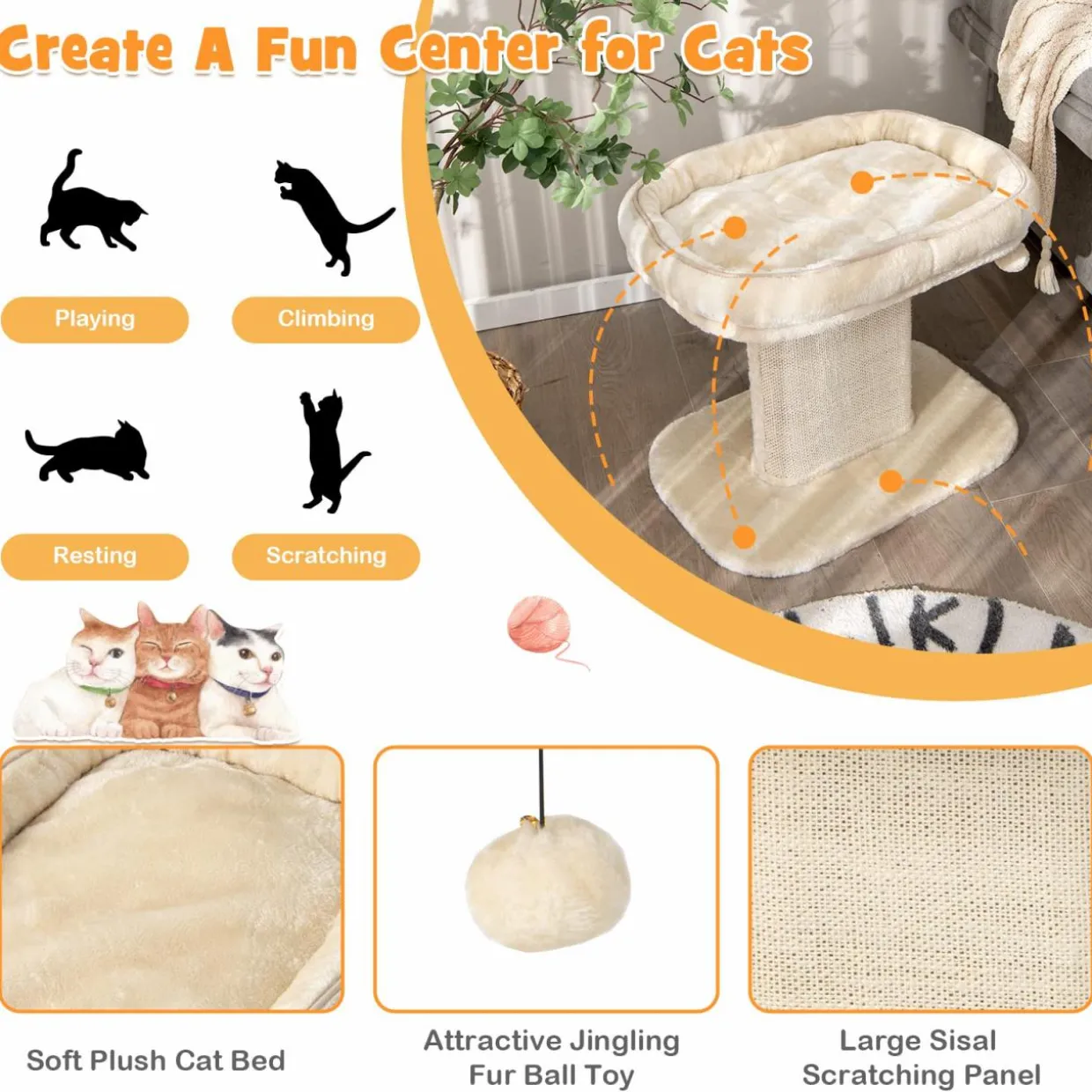 Tangkula Cat Tree for Indoor Cats, 2-Tier Cat Tower with Top Perch & Sisal Scratching Panel & Jingling Fur Ball Toy