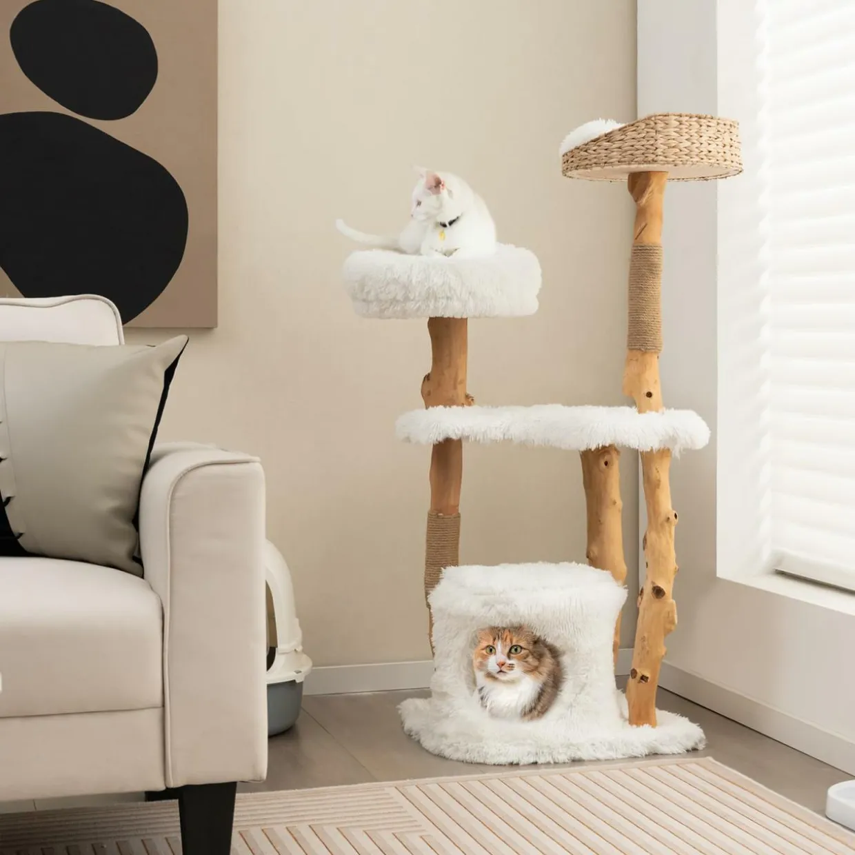 Tangkula Cat Tree for Indoor Cats, Cute Cat Tree with Scratching Posts for Large Cats, Modern Cat Tower with Top Cattail Basket Cat Bed